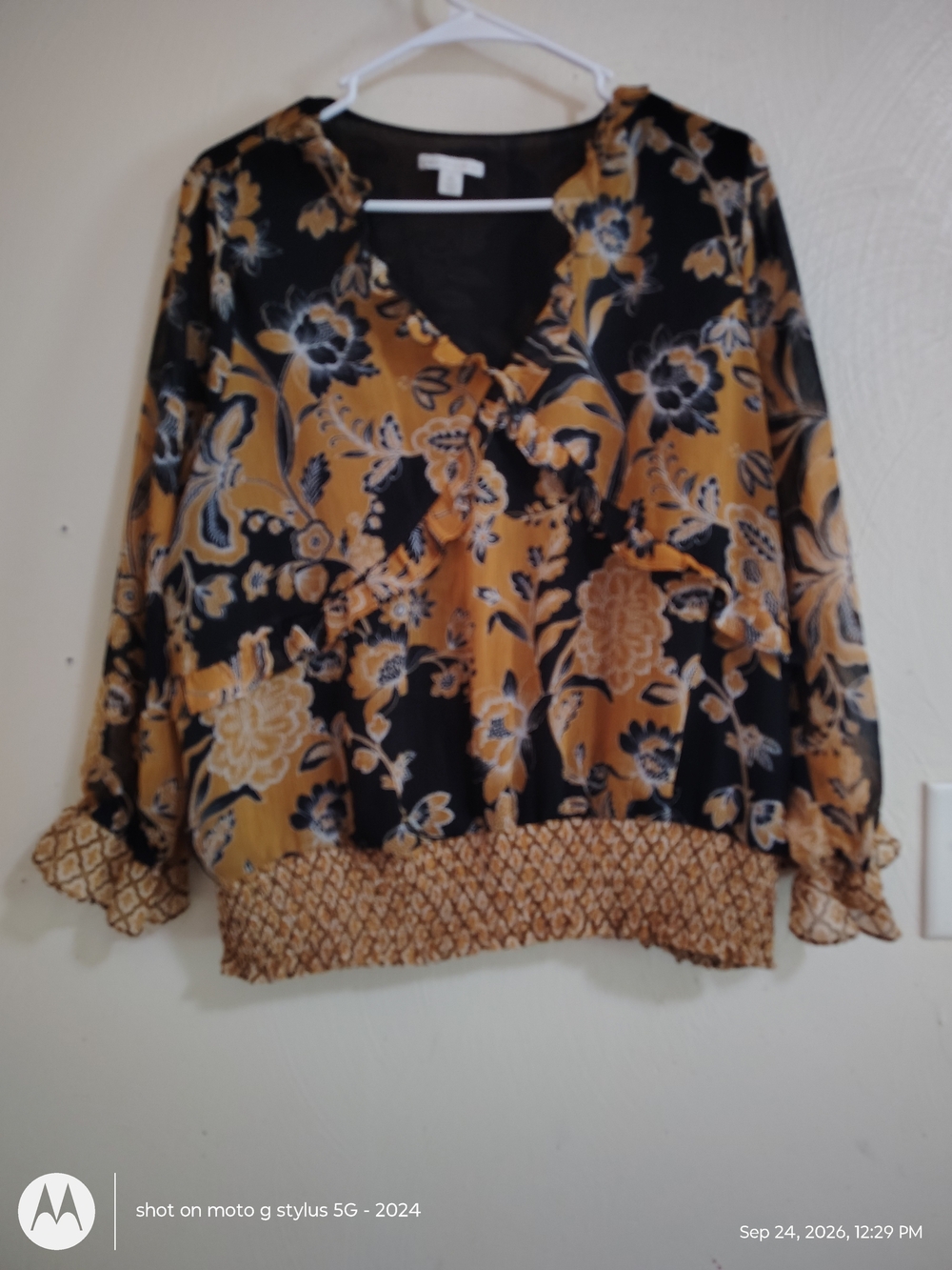 Cato Black and Mustard Floral Ruffle V-Neck Blouse